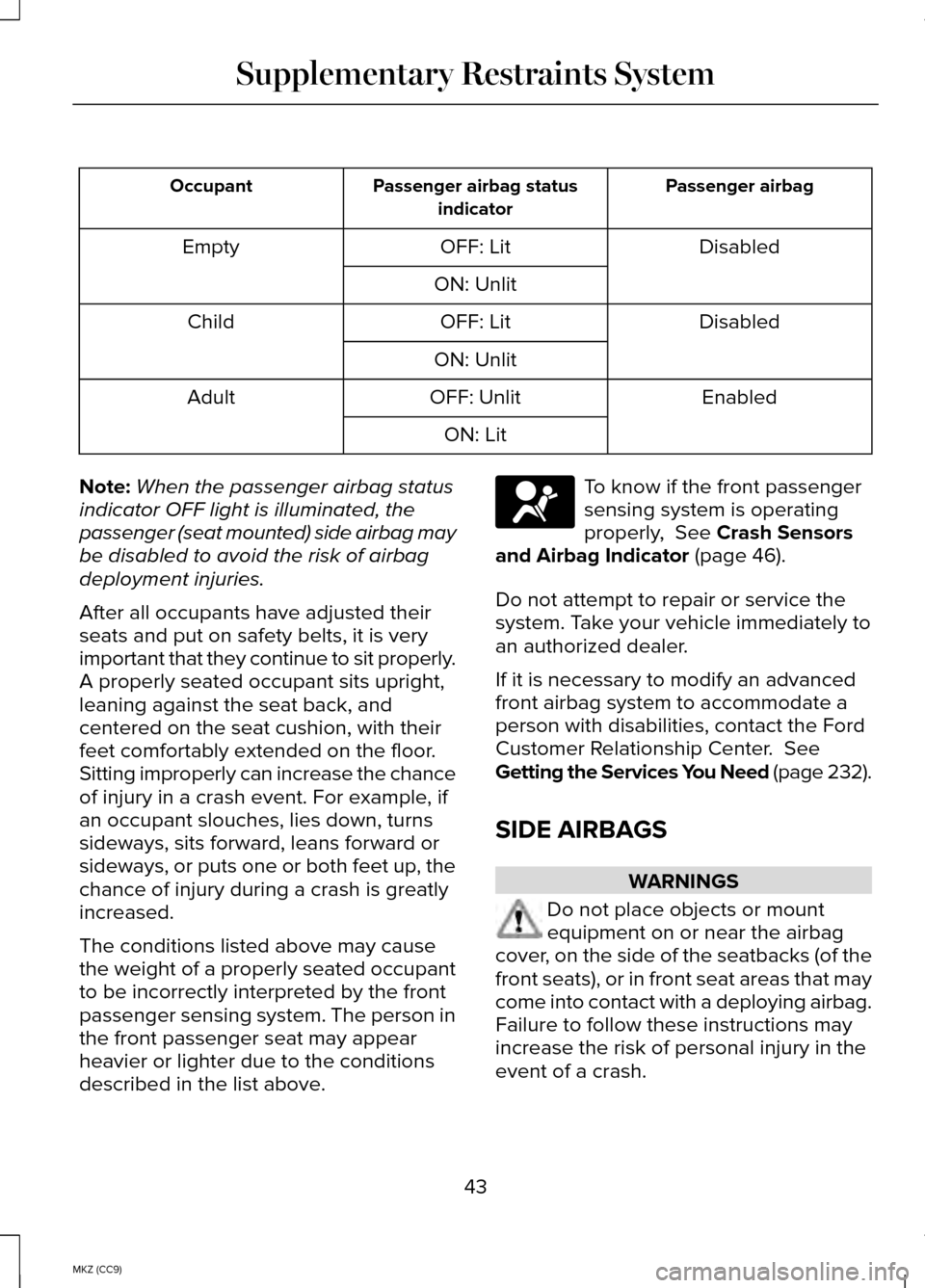 LINCOLN MKZ HYBRID 2014 Service Manual Passenger airbag
Passenger airbag status
indicator
Occupant
Disabled
OFF: Lit
Empty
ON: Unlit Disabled
OFF: Lit
Child
ON: Unlit Enabled
OFF: Unlit
Adult
ON: Lit
Note: When the passenger airbag status
LINCOLN MKZ HYBRID 2014 Service Manual Passenger airbag
Passenger airbag status
indicator
Occupant
Disabled
OFF: Lit
Empty
ON: Unlit Disabled
OFF: Lit
Child
ON: Unlit Enabled
OFF: Unlit
Adult
ON: Lit
Note: When the passenger airbag status