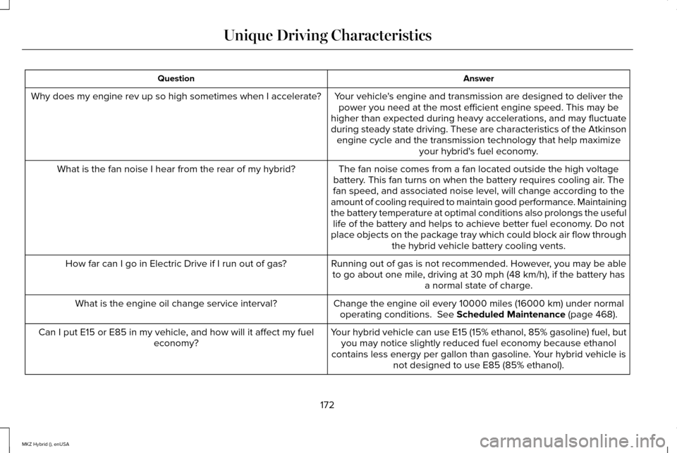 LINCOLN MKZ HYBRID 2015  Owners Manual Answer
Question
Your vehicles engine and transmission are designed to deliver thepower you need at the most efficient engine speed. This may be
higher than expected during heavy accelerations, and ma