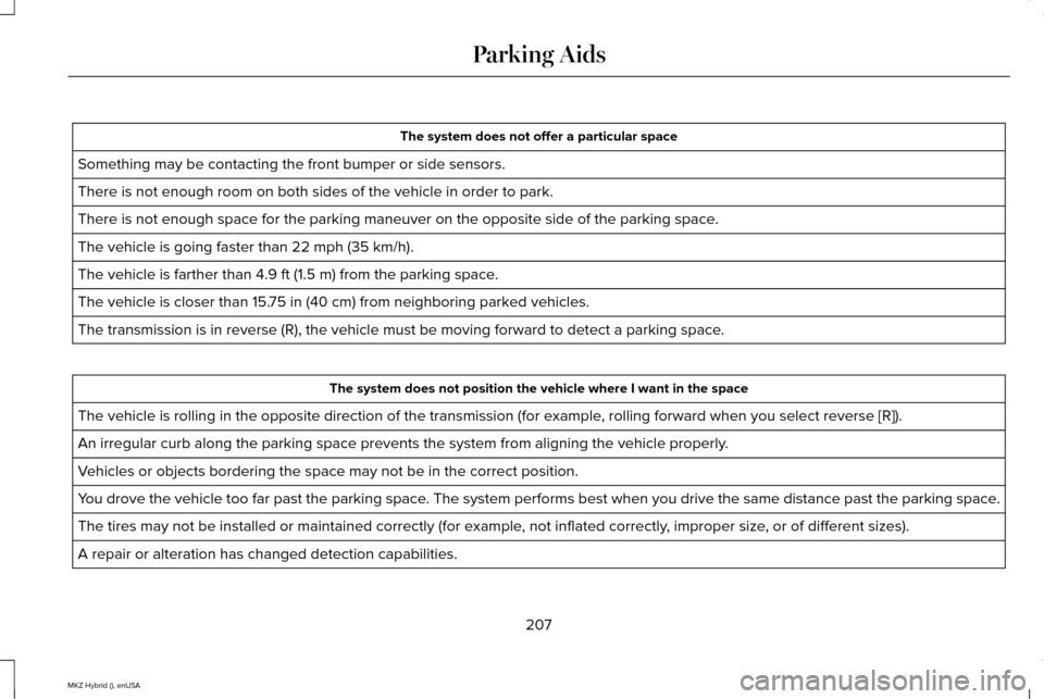 LINCOLN MKZ HYBRID 2015  Owners Manual The system does not offer a particular space
Something may be contacting the front bumper or side sensors.
There is not enough room on both sides of the vehicle in order to park.
There is not enough s