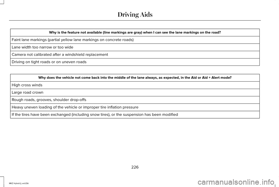 LINCOLN MKZ HYBRID 2015 Owners Manual Why is the feature not available (line markings are gray) when I can s\
ee the lane markings on the road?
Faint lane markings (partial yellow lane markings on concrete roads)
Lane width too narrow or LINCOLN MKZ HYBRID 2015 Owners Manual Why is the feature not available (line markings are gray) when I can s\
ee the lane markings on the road?
Faint lane markings (partial yellow lane markings on concrete roads)
Lane width too narrow or