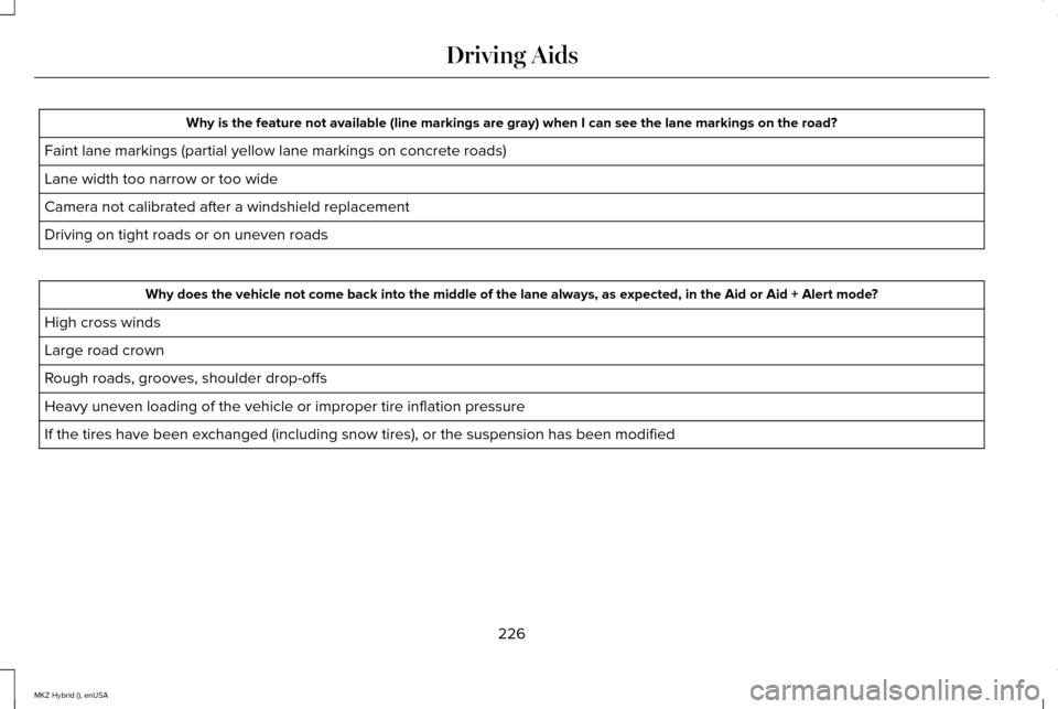 LINCOLN MKZ HYBRID 2015  Owners Manual Why is the feature not available (line markings are gray) when I can s\
ee the lane markings on the road?
Faint lane markings (partial yellow lane markings on concrete roads)
Lane width too narrow or 