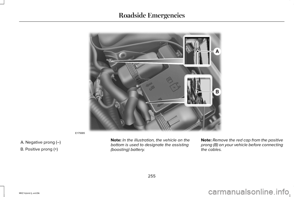 LINCOLN MKZ HYBRID 2015 Owners Manual A. Negative prong (–)
B. Positive prong (+)
Note:
In the illustration, the vehicle on the
bottom is used to designate the assisting
(boosting) battery. Note:
Remove the red cap from the positive
pro LINCOLN MKZ HYBRID 2015 Owners Manual A. Negative prong (–)
B. Positive prong (+)
Note:
In the illustration, the vehicle on the
bottom is used to designate the assisting
(boosting) battery. Note:
Remove the red cap from the positive
pro