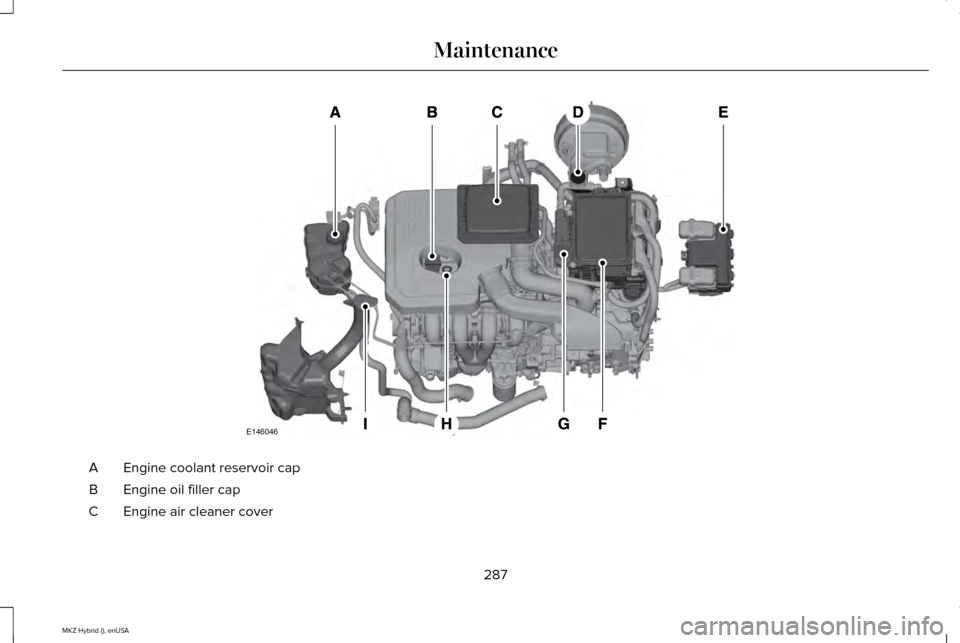 LINCOLN MKZ HYBRID 2015  Owners Manual Engine coolant reservoir cap
A
Engine oil filler cap
B
Engine air cleaner cover
C
287
MKZ Hybrid (), enUSA MaintenanceE146046  