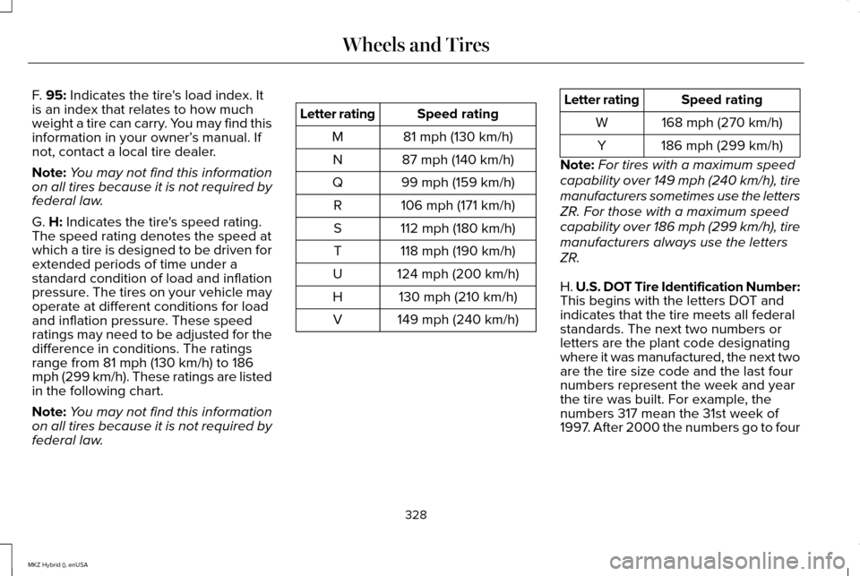 LINCOLN MKZ HYBRID 2015 User Guide F. 95: Indicates the tires load index. It
is an index that relates to how much
weight a tire can carry. You may find this
information in your owner’ s manual. If
not, contact a local tire dealer.
N