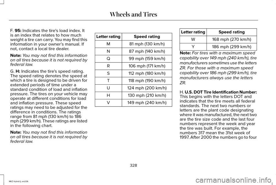 LINCOLN MKZ HYBRID 2015 Owners Manual F. 95: Indicates the tires load index. It
is an index that relates to how much
weight a tire can carry. You may find this
information in your owner’ s manual. If
not, contact a local tire dealer.
N LINCOLN MKZ HYBRID 2015 Owners Manual F. 95: Indicates the tires load index. It
is an index that relates to how much
weight a tire can carry. You may find this
information in your owner’ s manual. If
not, contact a local tire dealer.
N