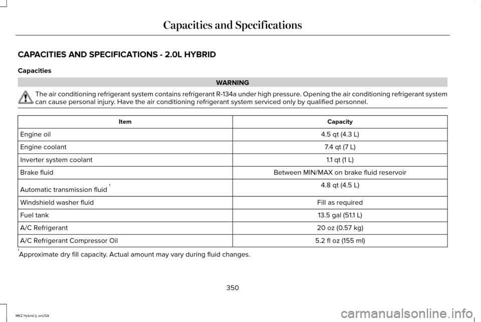 LINCOLN MKZ HYBRID 2015 Owners Manual CAPACITIES AND SPECIFICATIONS - 2.0L HYBRID
Capacities
WARNING
The air conditioning refrigerant system contains refrigerant R-134a unde\
r high pressure. Opening the air conditioning refrigerant syste LINCOLN MKZ HYBRID 2015 Owners Manual CAPACITIES AND SPECIFICATIONS - 2.0L HYBRID
Capacities
WARNING
The air conditioning refrigerant system contains refrigerant R-134a unde\
r high pressure. Opening the air conditioning refrigerant syste