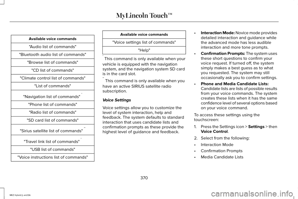 LINCOLN MKZ HYBRID 2015  Owners Manual Available voice commands
"Audio list of commands"
"Bluetooth audio list of commands" "Browse list of commands""CD list of commands"
"Climate control list of commands" "List of commands"
"Navigation li