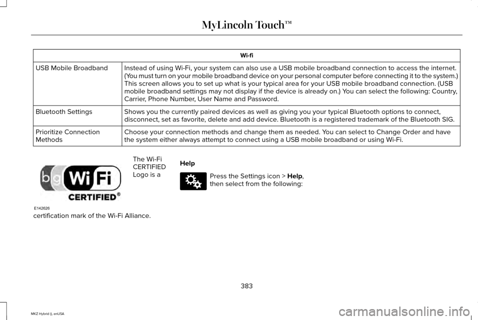 LINCOLN MKZ HYBRID 2015  Owners Manual Wi-fi
Instead of using Wi-Fi, your system can also use a USB mobile broadband \
connection to access the internet.
(You must turn on your mobile broadband device on your personal computer b\
efore con