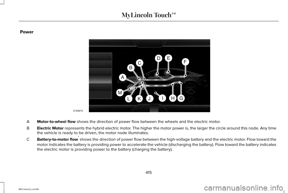 LINCOLN MKZ HYBRID 2015 Owners Manual Power
Motor-to-wheel flow shows the direction of power flow between the wheels and the electric m\
otor.
A
Electric Motor
represents the hybrid electric motor. The higher the motor power is, the larg LINCOLN MKZ HYBRID 2015 Owners Manual Power
Motor-to-wheel flow shows the direction of power flow between the wheels and the electric m\
otor.
A
Electric Motor
represents the hybrid electric motor. The higher the motor power is, the larg