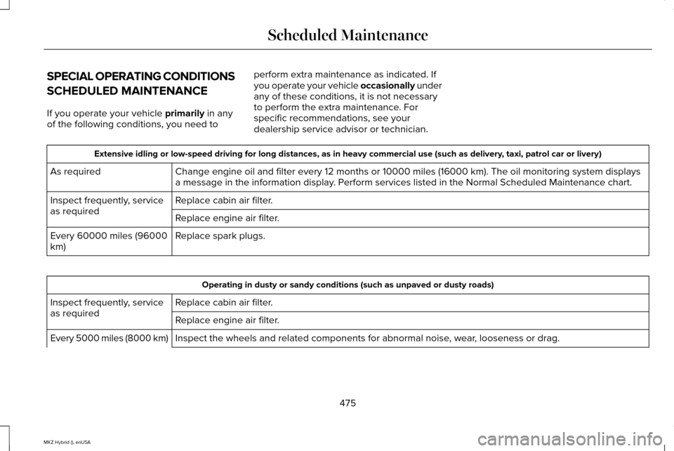 LINCOLN MKZ HYBRID 2015 Owners Manual SPECIAL OPERATING CONDITIONS
SCHEDULED MAINTENANCE
If you operate your vehicle primarily in any
of the following conditions, you need to perform extra maintenance as indicated. If
you operate your veh LINCOLN MKZ HYBRID 2015 Owners Manual SPECIAL OPERATING CONDITIONS
SCHEDULED MAINTENANCE
If you operate your vehicle primarily in any
of the following conditions, you need to perform extra maintenance as indicated. If
you operate your veh