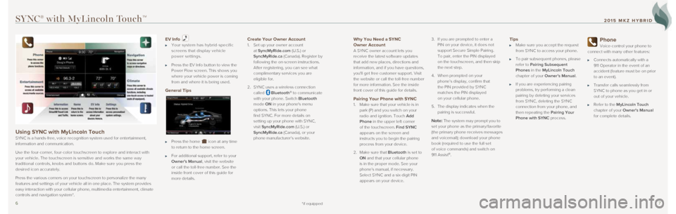LINCOLN MKZ HYBRID 2015  Quick Reference Guide 67
Why You Need a SYNC  
Owner Account 
A SYNC owner account lets you 
receive the latest software updates 
that add new places, directions and 
information, and if you have questions, 
youll get fre