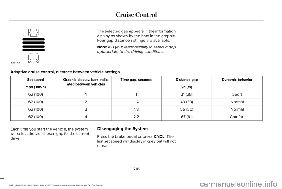 LINCOLN MKZ HYBRID 2016 Owners Manual The selected gap appears in the information
display as shown by the bars in the graphic.
Four gap distance settings are available.
Note:
It is your responsibility to select a gap
appropriate to the dr LINCOLN MKZ HYBRID 2016 Owners Manual The selected gap appears in the information
display as shown by the bars in the graphic.
Four gap distance settings are available.
Note:
It is your responsibility to select a gap
appropriate to the dr