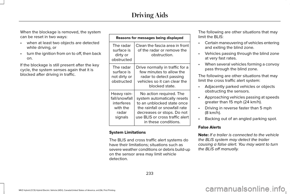 LINCOLN MKZ HYBRID 2016 Owners Manual When the blockage is removed, the system
can be reset in two ways:
•
when at least two objects are detected
while driving, or
• turn the ignition from on to off, then back
on.
If the blockage is s LINCOLN MKZ HYBRID 2016 Owners Manual When the blockage is removed, the system
can be reset in two ways:
•
when at least two objects are detected
while driving, or
• turn the ignition from on to off, then back
on.
If the blockage is s