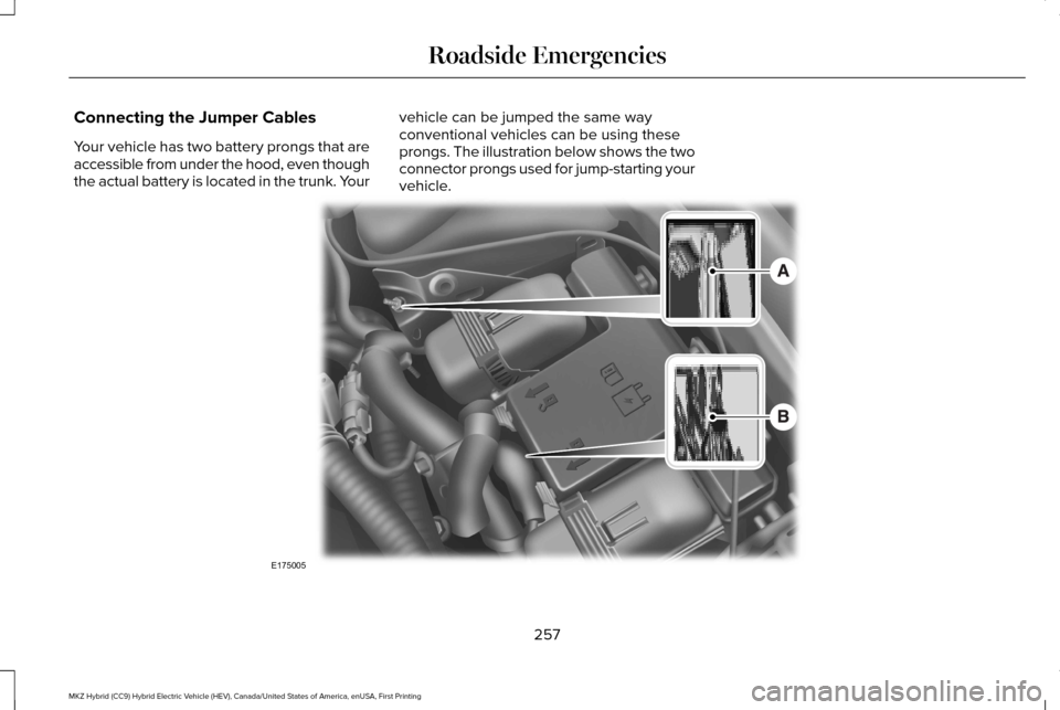 LINCOLN MKZ HYBRID 2016 Owners Manual Connecting the Jumper Cables
Your vehicle has two battery prongs that are
accessible from under the hood, even though
the actual battery is located in the trunk. Your
vehicle can be jumped the same wa LINCOLN MKZ HYBRID 2016 Owners Manual Connecting the Jumper Cables
Your vehicle has two battery prongs that are
accessible from under the hood, even though
the actual battery is located in the trunk. Your
vehicle can be jumped the same wa