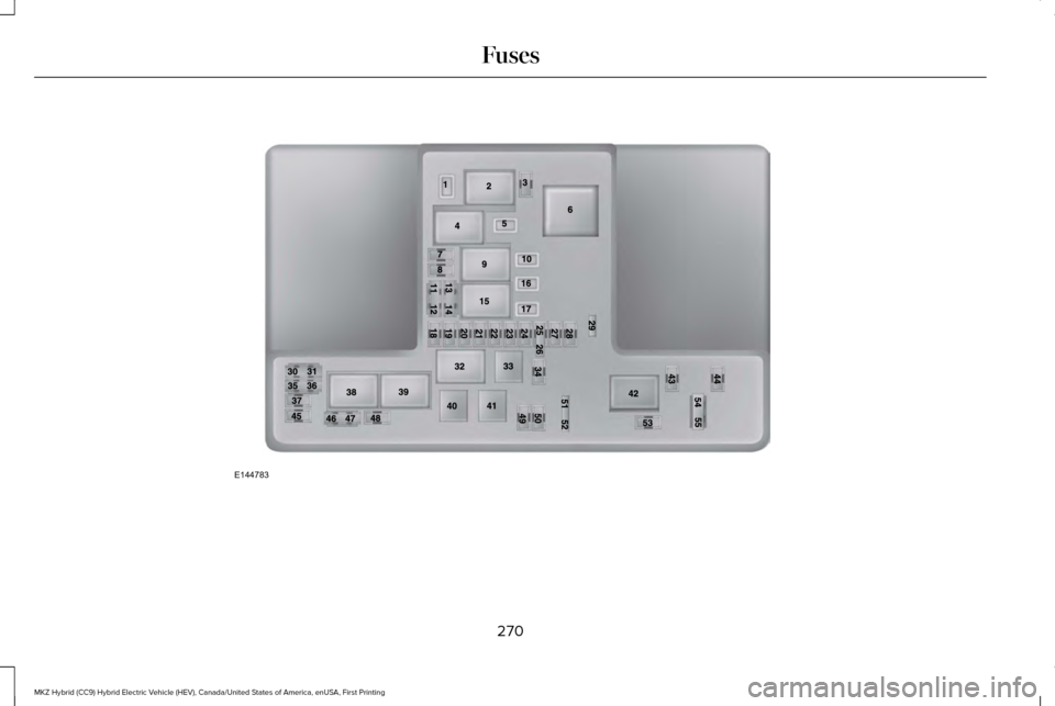 LINCOLN MKZ HYBRID 2016  Owners Manual 270
MKZ Hybrid (CC9) Hybrid Electric Vehicle (HEV), Canada/United States of America, enUSA, First Printing FusesE144783  