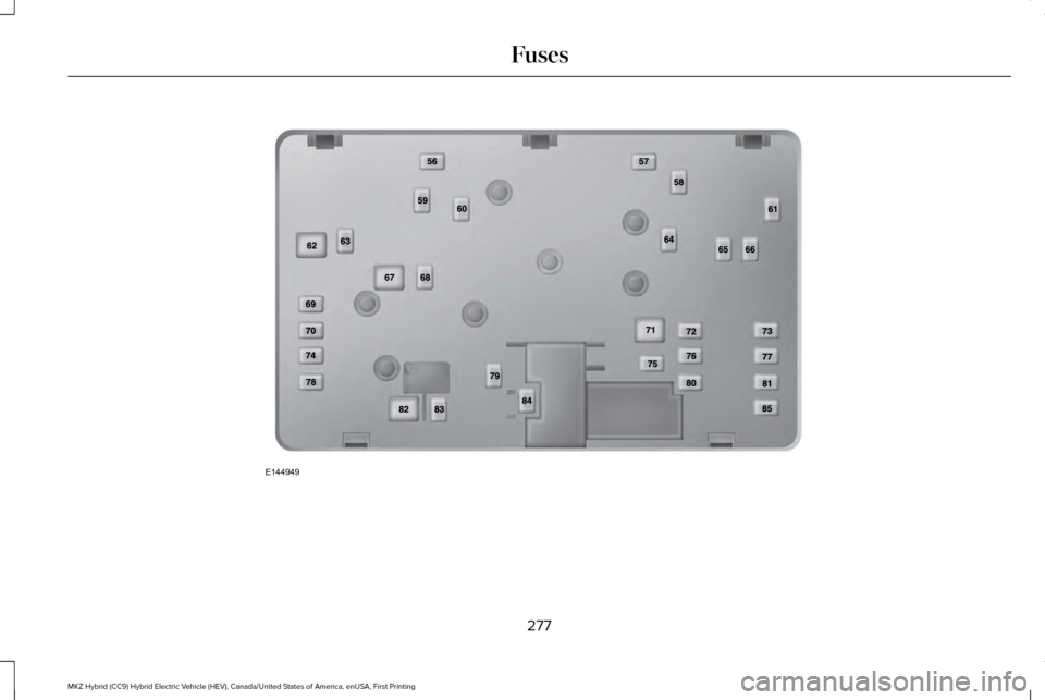 LINCOLN MKZ HYBRID 2016  Owners Manual 277
MKZ Hybrid (CC9) Hybrid Electric Vehicle (HEV), Canada/United States of America, enUSA, First Printing FusesE144949  