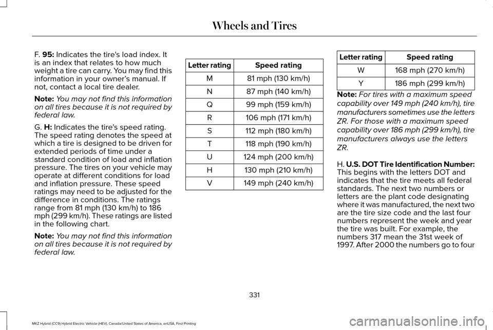 LINCOLN MKZ HYBRID 2016  Owners Manual F. 95: Indicates the tires load index. It
is an index that relates to how much
weight a tire can carry. You may find this
information in your owner’ s manual. If
not, contact a local tire dealer.
N