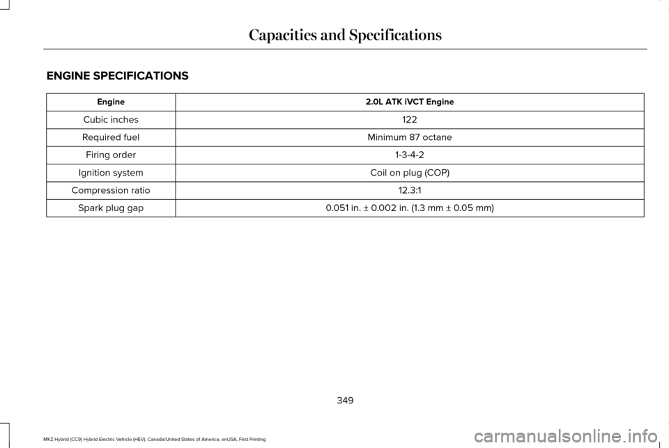 LINCOLN MKZ HYBRID 2016 Owners Manual ENGINE SPECIFICATIONS
2.0L ATK iVCT Engine
Engine
122
Cubic inches
Minimum 87 octane
Required fuel
1-3-4-2
Firing order
Coil on plug (COP)
Ignition system
12.3:1
Compression ratio
0.051 in. ± 0.002 i LINCOLN MKZ HYBRID 2016 Owners Manual ENGINE SPECIFICATIONS
2.0L ATK iVCT Engine
Engine
122
Cubic inches
Minimum 87 octane
Required fuel
1-3-4-2
Firing order
Coil on plug (COP)
Ignition system
12.3:1
Compression ratio
0.051 in. ± 0.002 i