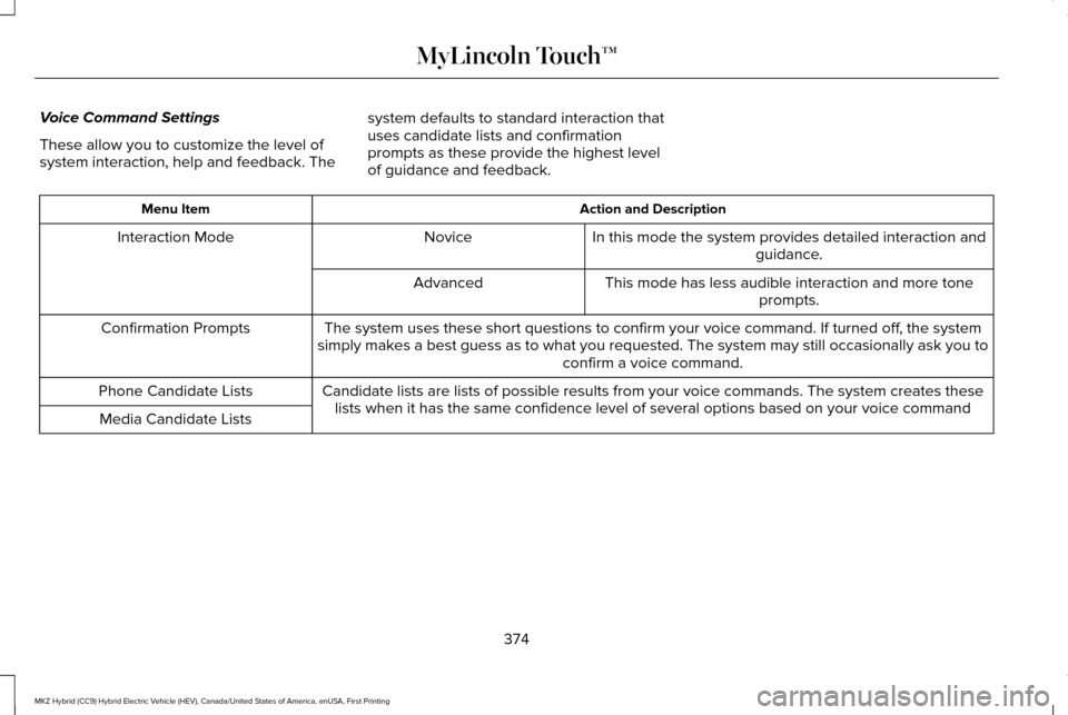 LINCOLN MKZ HYBRID 2016 Owners Manual Voice Command Settings
These allow you to customize the level of
system interaction, help and feedback. The
system defaults to standard interaction that
uses candidate lists and confirmation
prompts a LINCOLN MKZ HYBRID 2016 Owners Manual Voice Command Settings
These allow you to customize the level of
system interaction, help and feedback. The
system defaults to standard interaction that
uses candidate lists and confirmation
prompts a