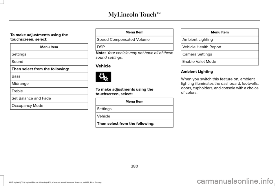 LINCOLN MKZ HYBRID 2016 Owners Manual To make adjustments using the
touchscreen, select:
Menu Item
Settings
Sound
Then select from the following:
Bass
Midrange
Treble
Set Balance and Fade
Occupancy Mode Menu Item
Speed Compensated Volume
LINCOLN MKZ HYBRID 2016 Owners Manual To make adjustments using the
touchscreen, select:
Menu Item
Settings
Sound
Then select from the following:
Bass
Midrange
Treble
Set Balance and Fade
Occupancy Mode Menu Item
Speed Compensated Volume
