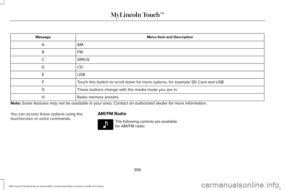 LINCOLN MKZ HYBRID 2016 Owners Manual Menu Item and Description
Message
AM
A
FM
B
SIRIUS
C
CD
D
USB
E
Touch this button to scroll down for more options, for example SD Card an\
d USB
F
These buttons change with the media mode you are in.
LINCOLN MKZ HYBRID 2016 Owners Manual Menu Item and Description
Message
AM
A
FM
B
SIRIUS
C
CD
D
USB
E
Touch this button to scroll down for more options, for example SD Card an\
d USB
F
These buttons change with the media mode you are in.