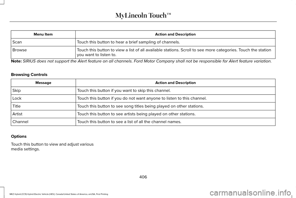 LINCOLN MKZ HYBRID 2016 Owners Manual Action and Description
Menu Item
Touch this button to hear a brief sampling of channels.
Scan
Touch this button to view a list of all available stations. Scroll to see\
more categories. Touch the sta LINCOLN MKZ HYBRID 2016 Owners Manual Action and Description
Menu Item
Touch this button to hear a brief sampling of channels.
Scan
Touch this button to view a list of all available stations. Scroll to see\
more categories. Touch the sta