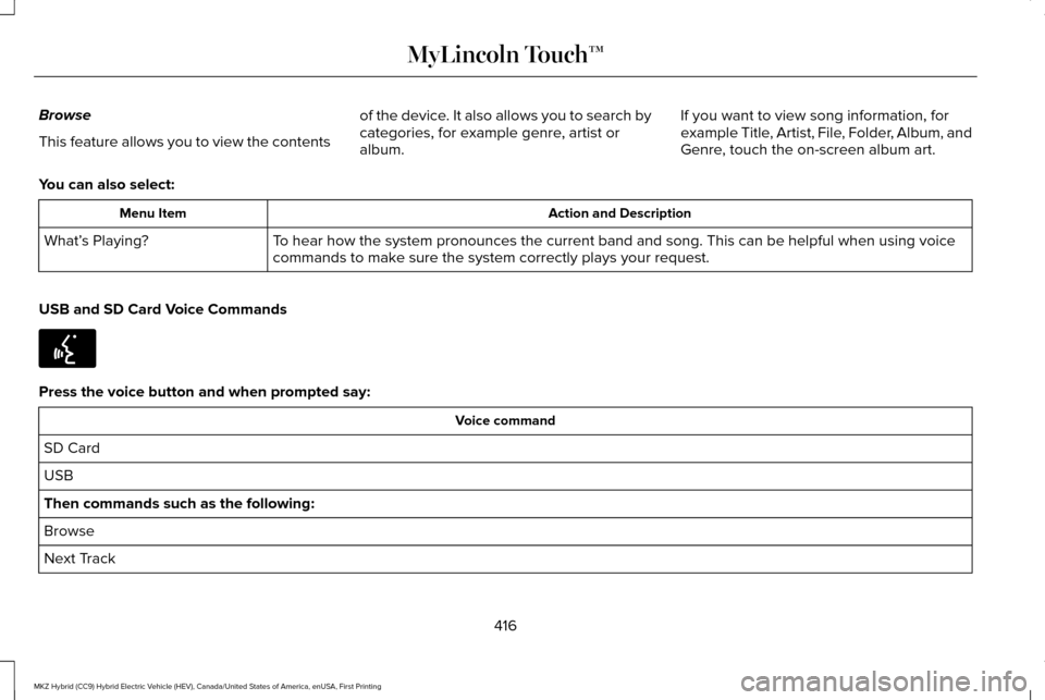 LINCOLN MKZ HYBRID 2016 Owners Manual Browse
This feature allows you to view the contents
of the device. It also allows you to search by
categories, for example genre, artist or
album.If you want to view song information, for
example Titl LINCOLN MKZ HYBRID 2016 Owners Manual Browse
This feature allows you to view the contents
of the device. It also allows you to search by
categories, for example genre, artist or
album.If you want to view song information, for
example Titl