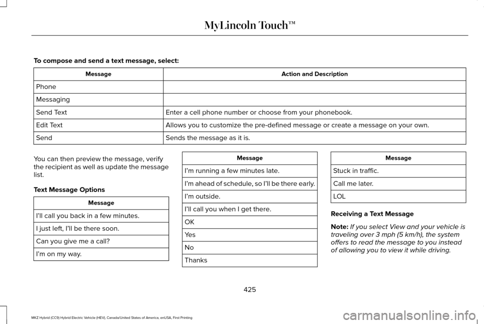 LINCOLN MKZ HYBRID 2016 Owners Manual To compose and send a text message, select:
Action and Description
Message
Phone
Messaging Enter a cell phone number or choose from your phonebook.
Send Text
Allows you to customize the pre-defined me LINCOLN MKZ HYBRID 2016 Owners Manual To compose and send a text message, select:
Action and Description
Message
Phone
Messaging Enter a cell phone number or choose from your phonebook.
Send Text
Allows you to customize the pre-defined me