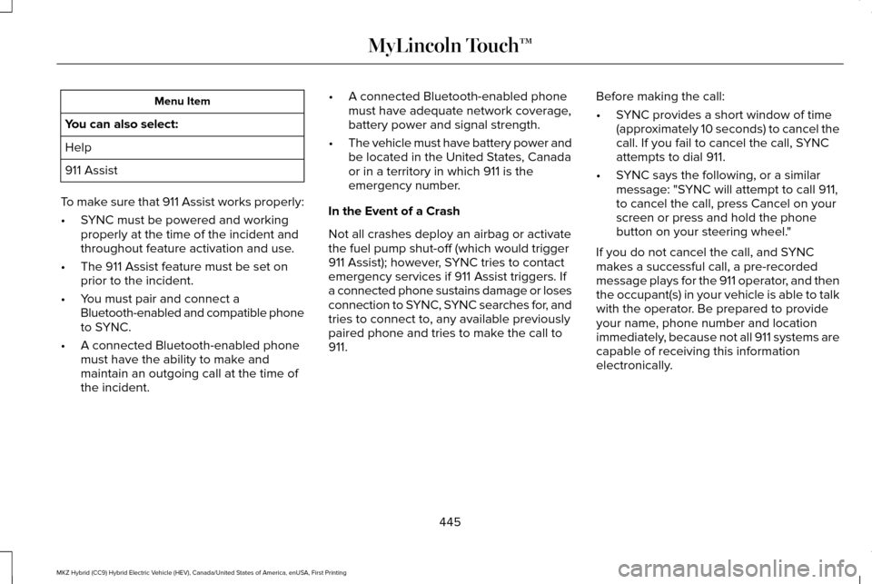 LINCOLN MKZ HYBRID 2016 Owners Manual Menu Item
You can also select:
Help
911 Assist
To make sure that 911 Assist works properly:
• SYNC must be powered and working
properly at the time of the incident and
throughout feature activation LINCOLN MKZ HYBRID 2016 Owners Manual Menu Item
You can also select:
Help
911 Assist
To make sure that 911 Assist works properly:
• SYNC must be powered and working
properly at the time of the incident and
throughout feature activation