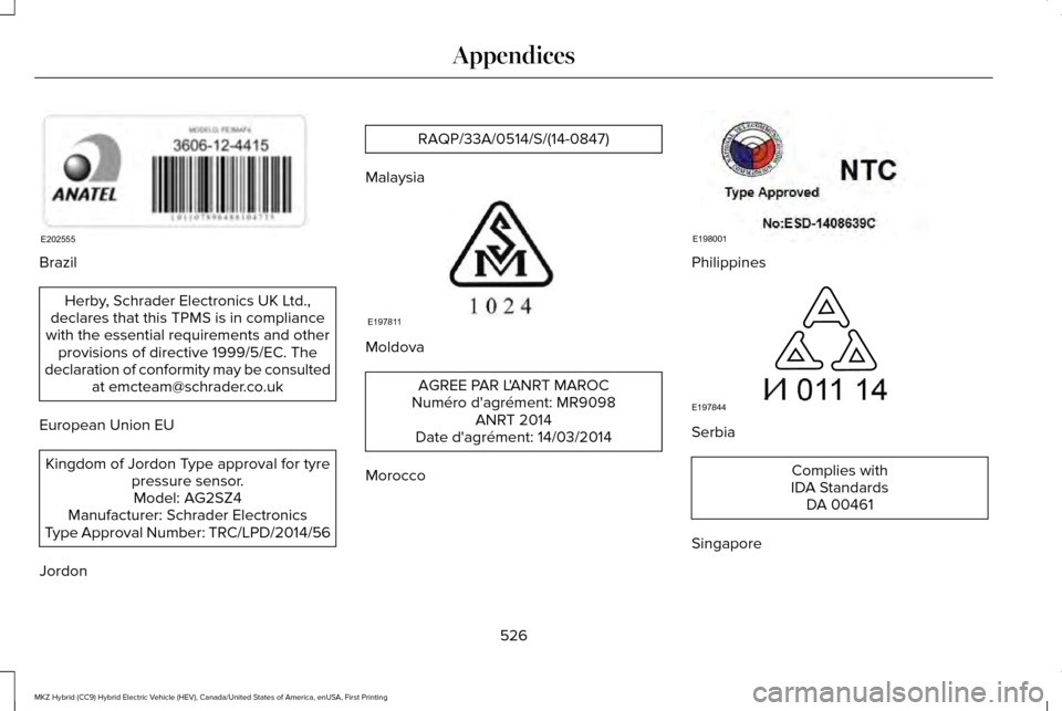 LINCOLN MKZ HYBRID 2016  Owners Manual Brazil
Herby, Schrader Electronics UK Ltd.,
declares that this TPMS is in compliance
with the essential requirements and other provisions of directive 1999/5/EC. The
declaration of conformity may be c