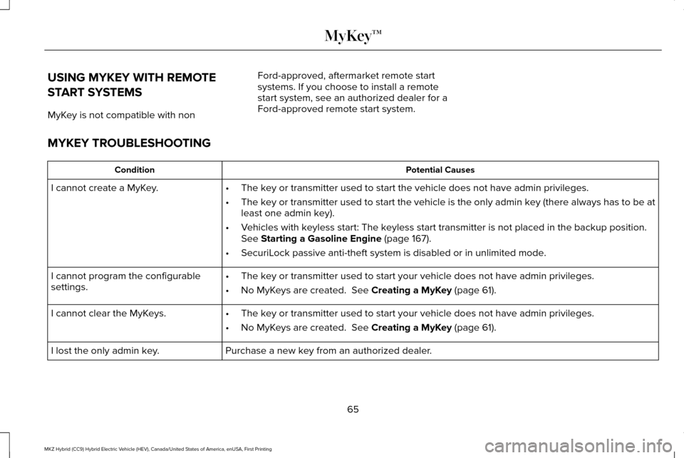 LINCOLN MKZ HYBRID 2016  Owners Manual USING MYKEY WITH REMOTE
START SYSTEMS
MyKey is not compatible with non
Ford-approved, aftermarket remote start
systems. If you choose to install a remote
start system, see an authorized dealer for a
F