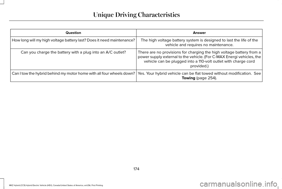 LINCOLN MKZ HYBRID 2017  Owners Manual Answer
Question
The high voltage battery system is designed to last the life of thevehicle and requires no maintenance.
How long will my high voltage battery last? Does it need maintenance?
There are 