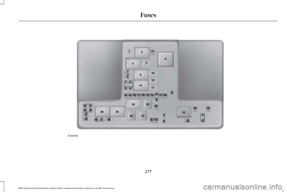 LINCOLN MKZ HYBRID 2017  Owners Manual 277
MKZ Hybrid (CC9) Hybrid Electric Vehicle (HEV), Canada/United States of America, enUSA, First Printing FusesE144783  