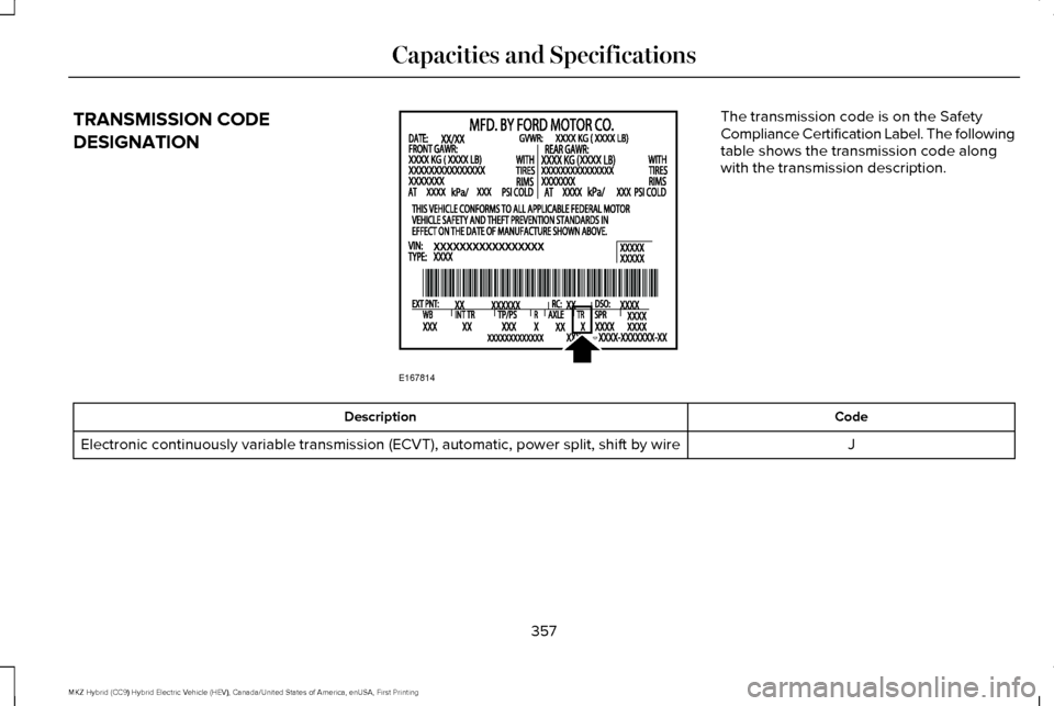 LINCOLN MKZ HYBRID 2017  Owners Manual TRANSMISSION CODE
DESIGNATION The transmission code is on the Safety
Compliance Certification Label. The following
table shows the transmission code along
with the transmission description.
Code
Descr