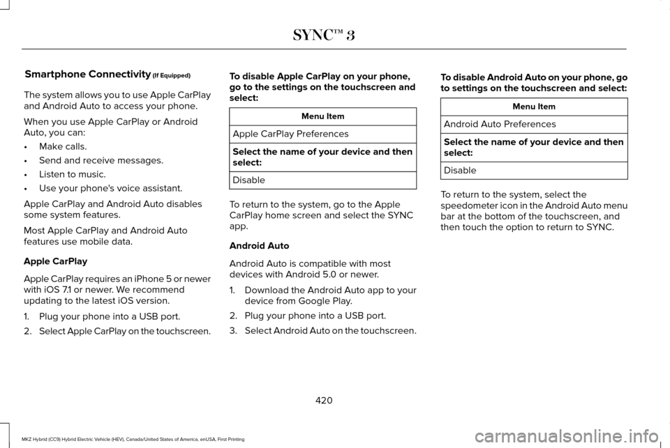 LINCOLN MKZ HYBRID 2017 Owners Manual Smartphone Connectivity (If Equipped)
420
MKZ Hybrid (CC9) Hybrid Electric Vehicle (HEV), Canada/United S
tates of America, enUSA, First PrintingSYNC™ 3
The system allows you to use Apple CarPlay
a LINCOLN MKZ HYBRID 2017 Owners Manual Smartphone Connectivity (If Equipped)
420
MKZ Hybrid (CC9) Hybrid Electric Vehicle (HEV), Canada/United S
tates of America, enUSA, First PrintingSYNC™ 3
The system allows you to use Apple CarPlay
a