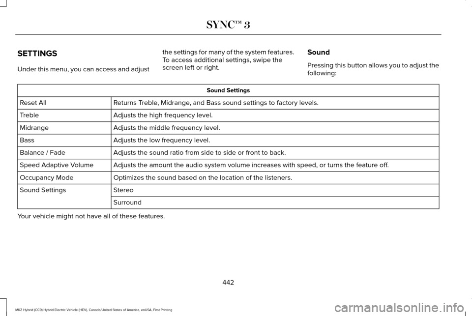 LINCOLN MKZ HYBRID 2017 Owners Manual SETTINGS
Under this menu, you can access and adjust
the settings for many of the system features.
To access additional settings, swipe the
screen left or right.
Sound
Pressing this button allows you t LINCOLN MKZ HYBRID 2017 Owners Manual SETTINGS
Under this menu, you can access and adjust
the settings for many of the system features.
To access additional settings, swipe the
screen left or right.
Sound
Pressing this button allows you t