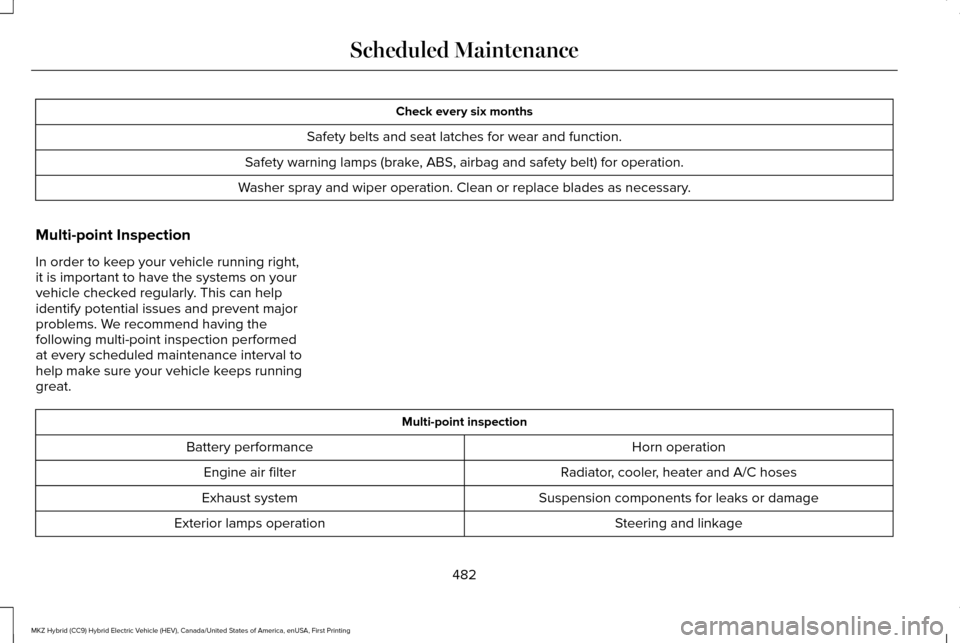 LINCOLN MKZ HYBRID 2017 Owners Manual Check every six months
Safety belts and seat latches for wear and function.
Safety warning lamps (brake, ABS, airbag and safety belt) for operation.
Washer spray and wiper operation. Clean or replace LINCOLN MKZ HYBRID 2017 Owners Manual Check every six months
Safety belts and seat latches for wear and function.
Safety warning lamps (brake, ABS, airbag and safety belt) for operation.
Washer spray and wiper operation. Clean or replace