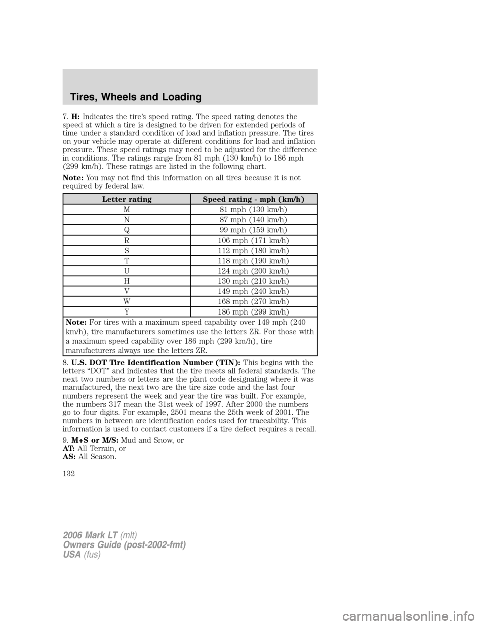 LINCOLN MARK LT 2006  Owners Manual 7.H:Indicates the tire’s speed rating. The speed rating denotes the
speed at which a tire is designed to be driven for extended periods of
time under a standard condition of load and inflation press