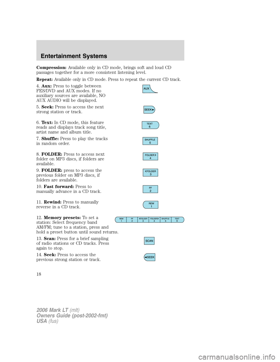 LINCOLN MARK LT 2006  Owners Manual Compression:Available only in CD mode, brings soft and loud CD
passages together for a more consistent listening level.
Repeat:Available only in CD mode. Press to repeat the current CD track.
4.Aux:Pr