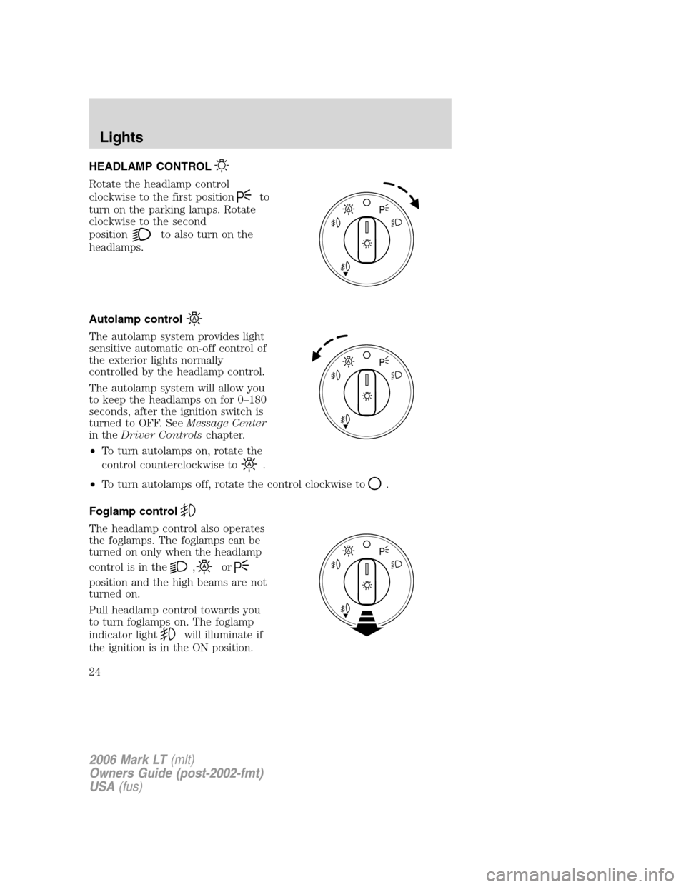 LINCOLN MARK LT 2006 Owners Manual HEADLAMP CONTROL
Rotate the headlamp control
clockwise to the first position
to
turn on the parking lamps. Rotate
clockwise to the second
position
to also turn on the
headlamps.
Autolamp control
The a LINCOLN MARK LT 2006 Owners Manual HEADLAMP CONTROL
Rotate the headlamp control
clockwise to the first position
to
turn on the parking lamps. Rotate
clockwise to the second
position
to also turn on the
headlamps.
Autolamp control
The a