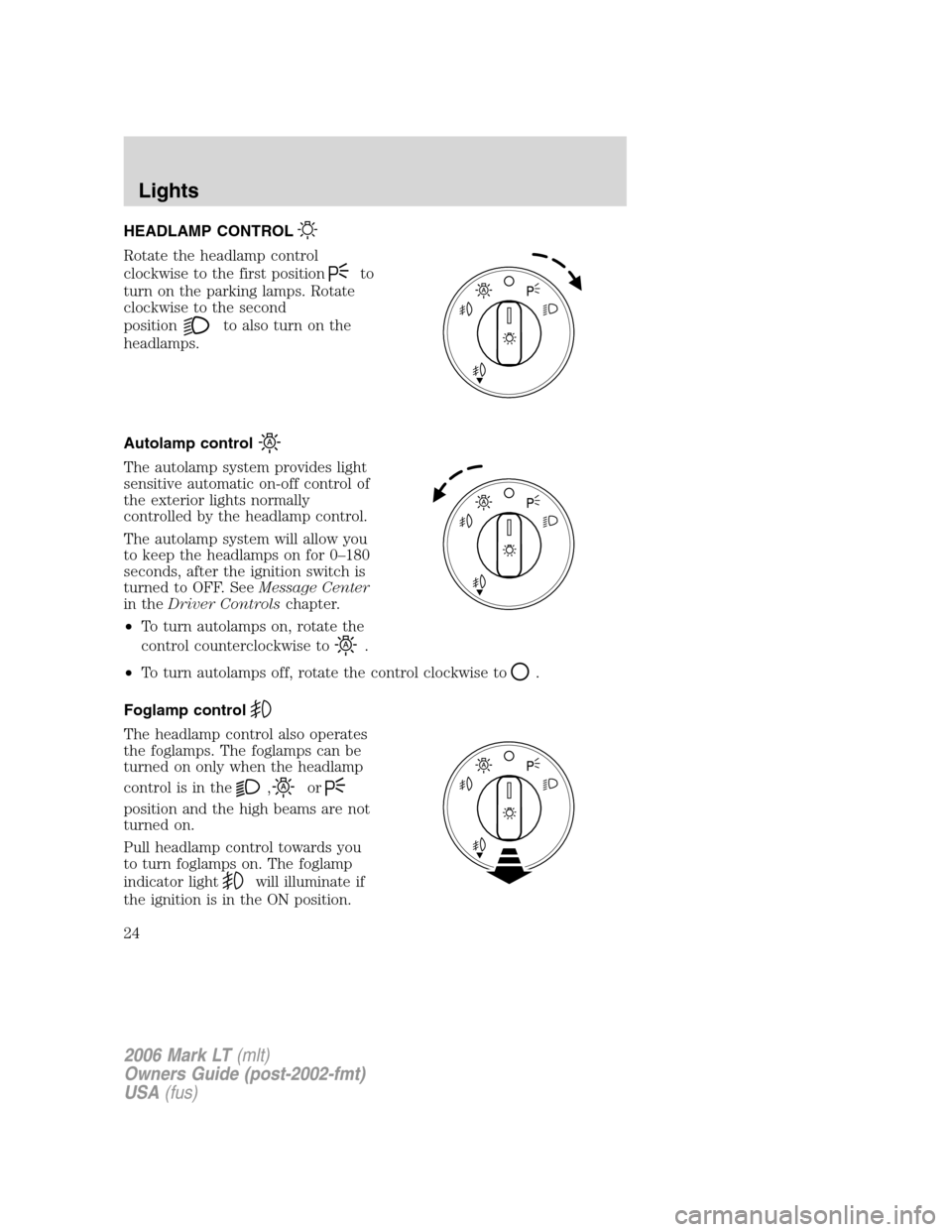 LINCOLN MARK LT 2006  Owners Manual HEADLAMP CONTROL
Rotate the headlamp control
clockwise to the first position
to
turn on the parking lamps. Rotate
clockwise to the second
position
to also turn on the
headlamps.
Autolamp control
The a