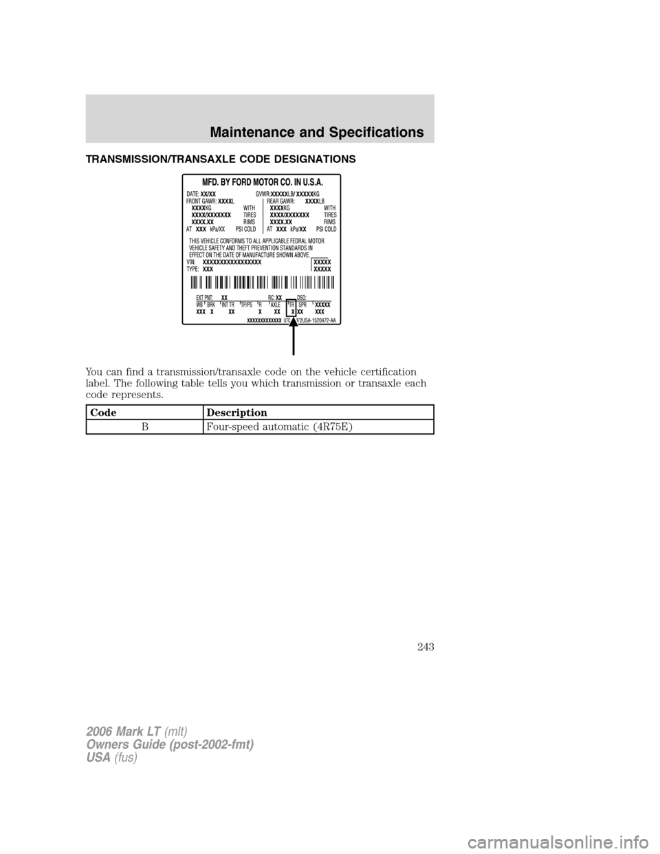 LINCOLN MARK LT 2006  Owners Manual TRANSMISSION/TRANSAXLE CODE DESIGNATIONS
You can find a transmission/transaxle code on the vehicle certification
label. The following table tells you which transmission or transaxle each
code represen