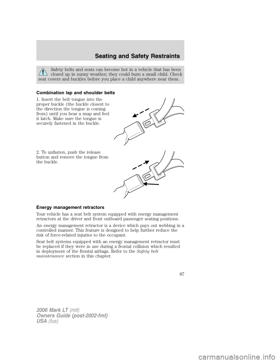 LINCOLN MARK LT 2006  Owners Manual Safety belts and seats can become hot in a vehicle that has been
closed up in sunny weather; they could burn a small child. Check
seat covers and buckles before you place a child anywhere near them.
C