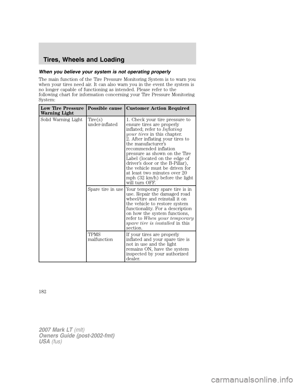 LINCOLN MARK LT 2007 Owners Manual When you believe your system is not operating properly
The main function of the Tire Pressure Monitoring System is to warn you
when your tires need air. It can also warn you in the event the system is LINCOLN MARK LT 2007 Owners Manual When you believe your system is not operating properly
The main function of the Tire Pressure Monitoring System is to warn you
when your tires need air. It can also warn you in the event the system is