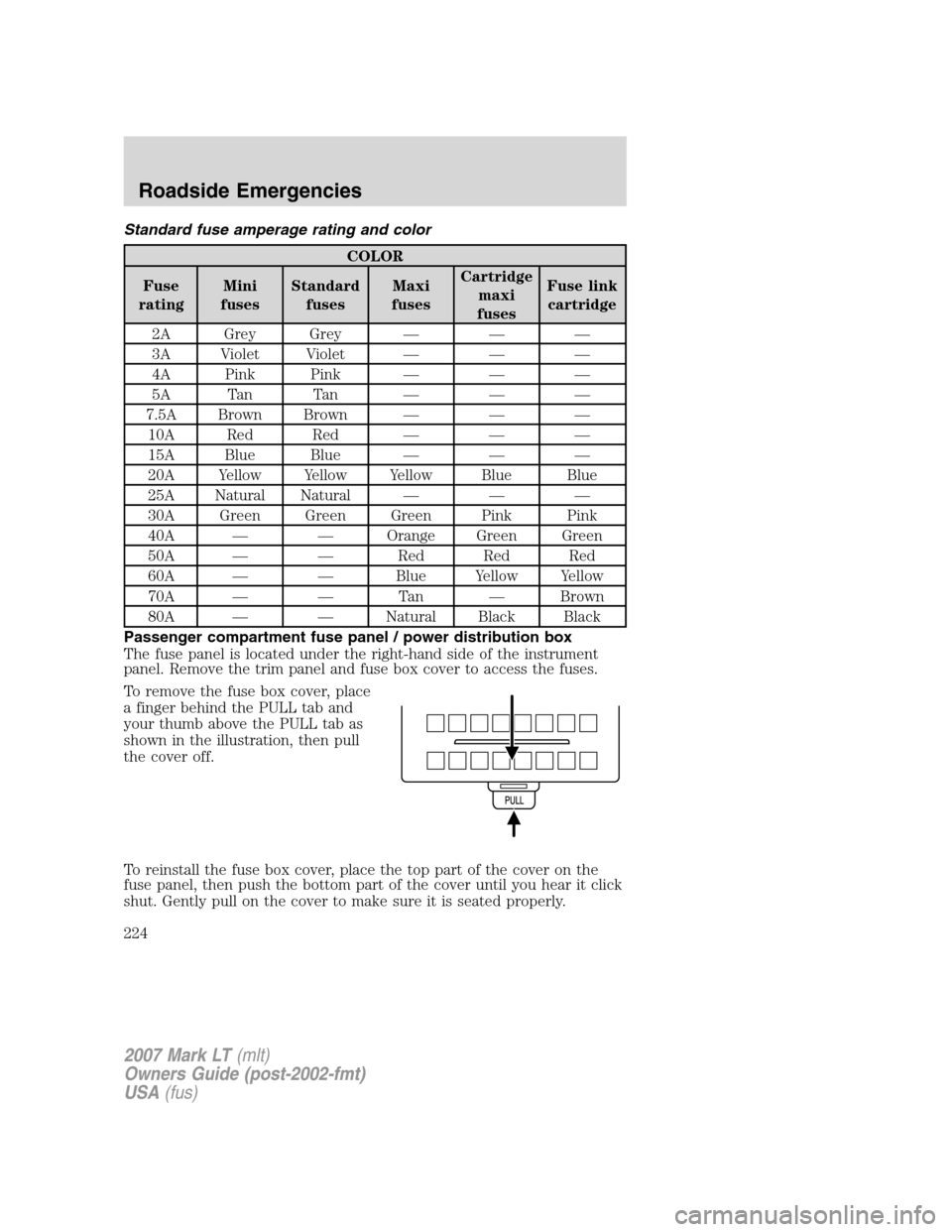 LINCOLN MARK LT 2007  Owners Manual Standard fuse amperage rating and color
COLOR
Fuse
ratingMini
fusesStandard
fusesMaxi
fusesCartridge
maxi
fusesFuse link
cartridge
2A Grey Grey — — —
3A Violet Violet — — —
4A Pink Pink �