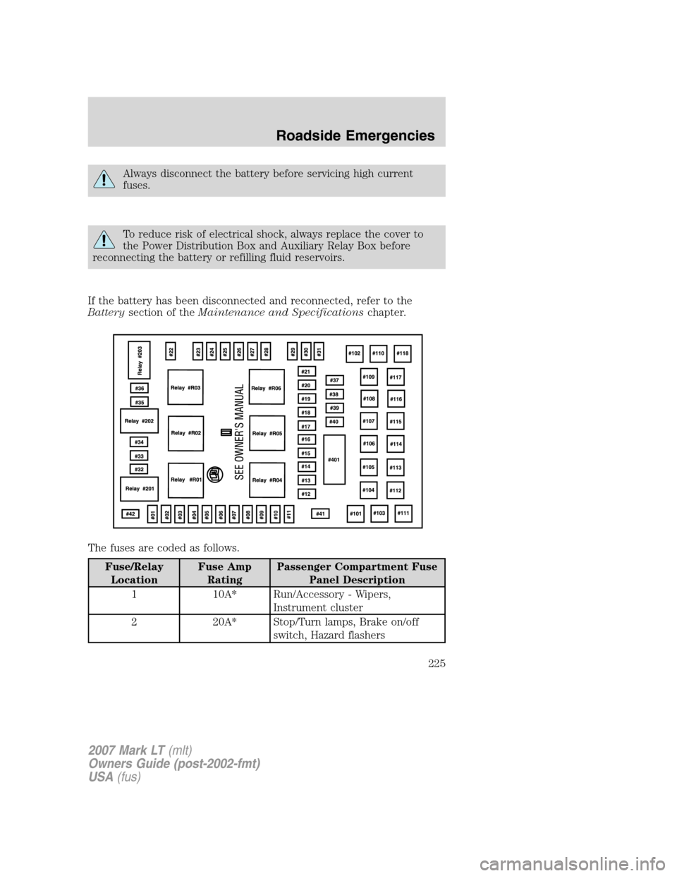 LINCOLN MARK LT 2007 Owners Manual Always disconnect the battery before servicing high current
fuses.
To reduce risk of electrical shock, always replace the cover to
the Power Distribution Box and Auxiliary Relay Box before
reconnectin LINCOLN MARK LT 2007 Owners Manual Always disconnect the battery before servicing high current
fuses.
To reduce risk of electrical shock, always replace the cover to
the Power Distribution Box and Auxiliary Relay Box before
reconnectin