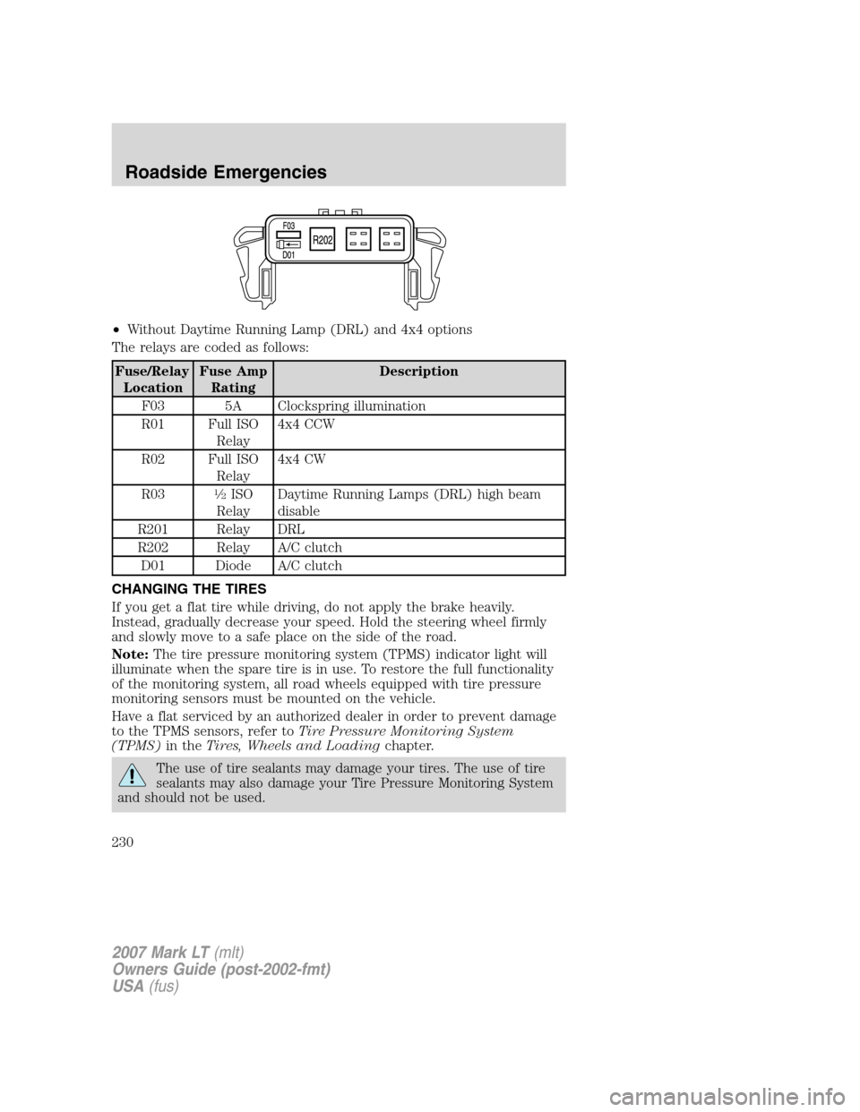 LINCOLN MARK LT 2007  Owners Manual •Without Daytime Running Lamp (DRL) and 4x4 options
The relays are coded as follows:
Fuse/Relay
LocationFuse Amp
RatingDescription
F03 5A Clockspring illumination
R01 Full ISO
Relay4x4 CCW
R02 Full 