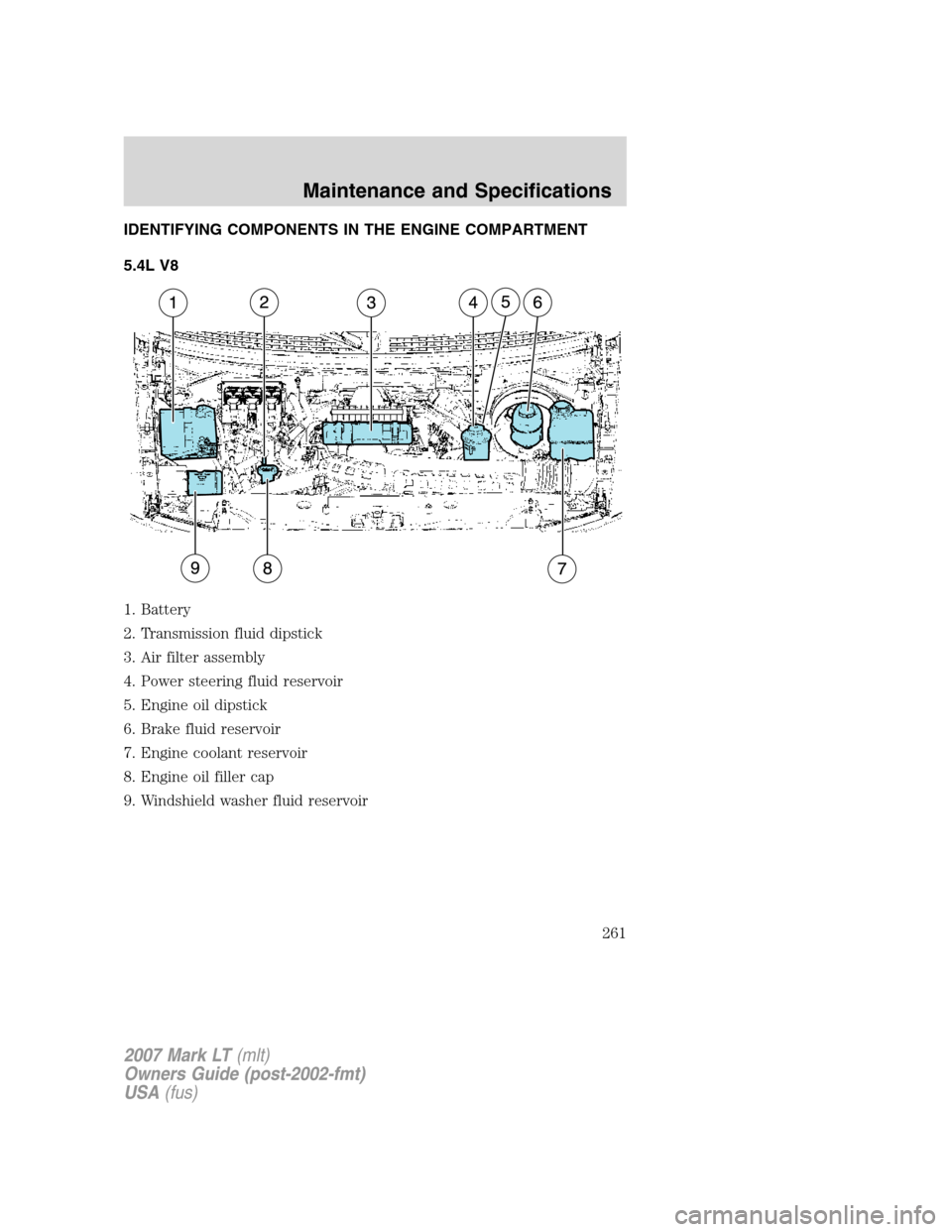 LINCOLN MARK LT 2007  Owners Manual IDENTIFYING COMPONENTS IN THE ENGINE COMPARTMENT
5.4L V8
1. Battery
2. Transmission fluid dipstick
3. Air filter assembly
4. Power steering fluid reservoir
5. Engine oil dipstick
6. Brake fluid reserv