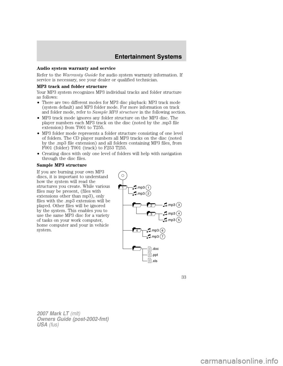 LINCOLN MARK LT 2007 Owners Manual Audio system warranty and service
Refer to theWarranty Guidefor audio system warranty information. If
service is necessary, see your dealer or qualified technician.
MP3 track and folder structure
Your LINCOLN MARK LT 2007 Owners Manual Audio system warranty and service
Refer to theWarranty Guidefor audio system warranty information. If
service is necessary, see your dealer or qualified technician.
MP3 track and folder structure
Your
