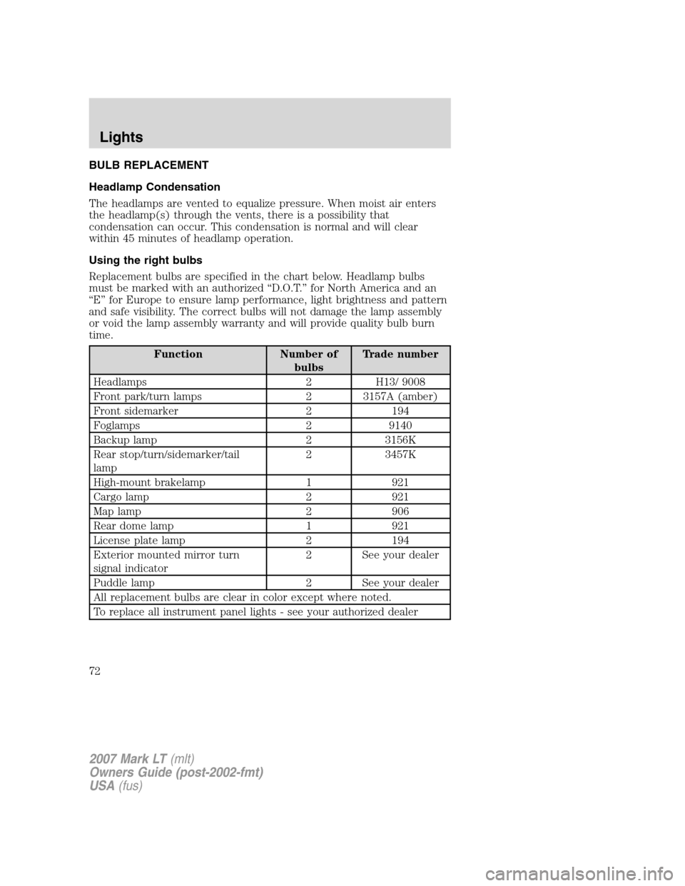 LINCOLN MARK LT 2007 Owners Manual BULB REPLACEMENT
Headlamp Condensation
The headlamps are vented to equalize pressure. When moist air enters
the headlamp(s) through the vents, there is a possibility that
condensation can occur. This LINCOLN MARK LT 2007 Owners Manual BULB REPLACEMENT
Headlamp Condensation
The headlamps are vented to equalize pressure. When moist air enters
the headlamp(s) through the vents, there is a possibility that
condensation can occur. This